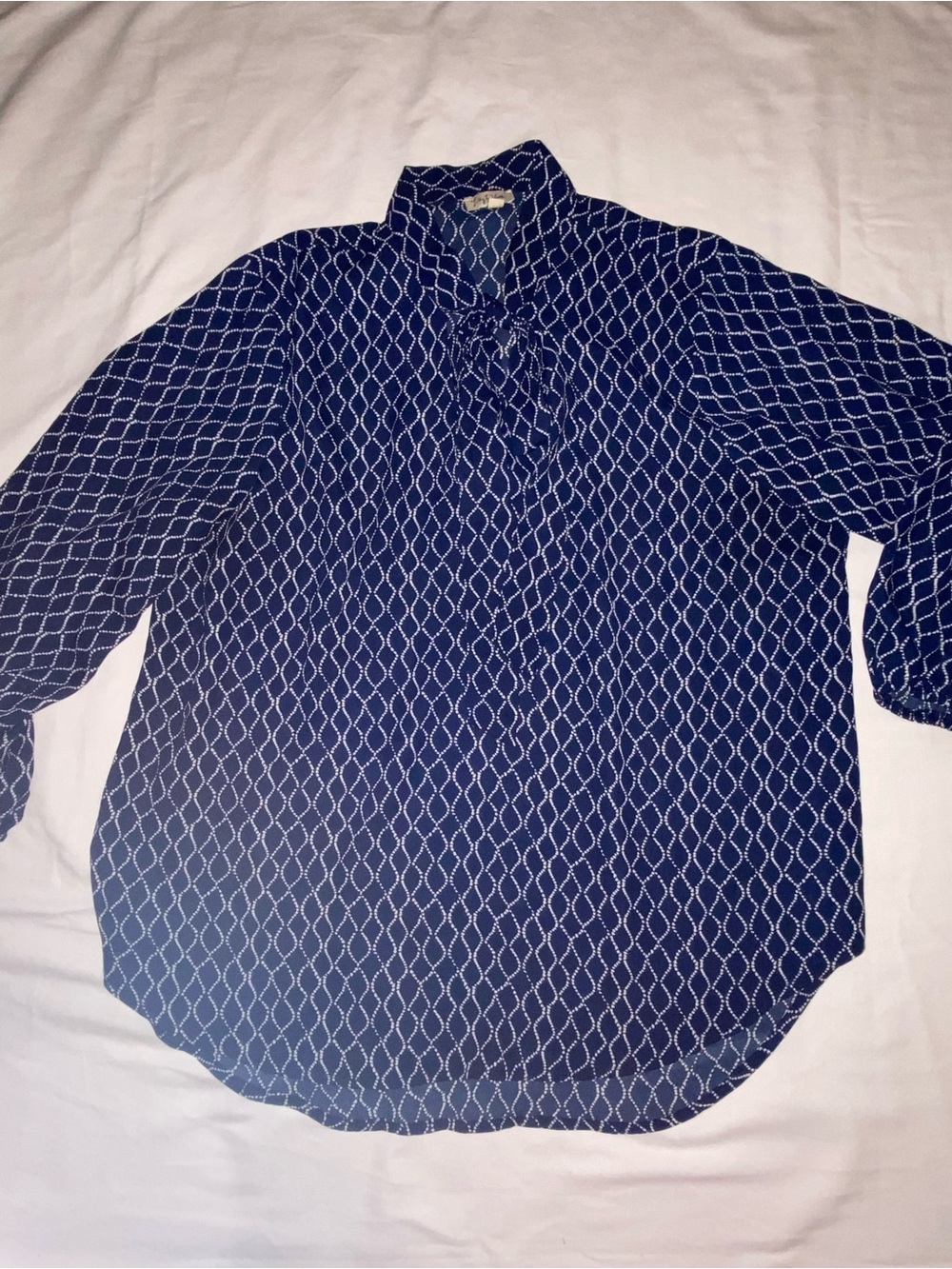 Lily White Navy Blue Geometric Tie-Neck Blouse